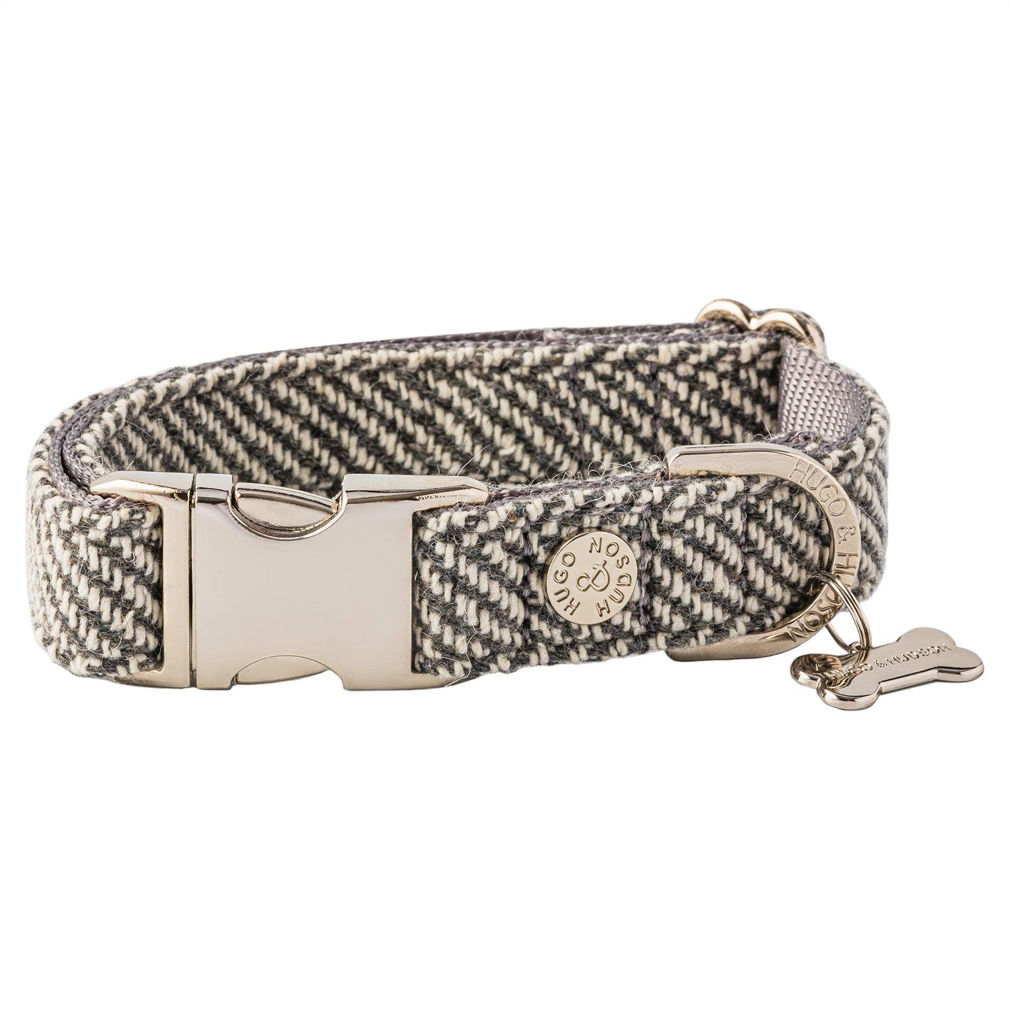 Hugo and Hudson Grey Herringbone Tweed Metal Buckle Dog Collar