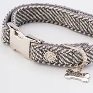 Hugo and Hudson Grey Herringbone Tweed Metal Buckle Dog Collar