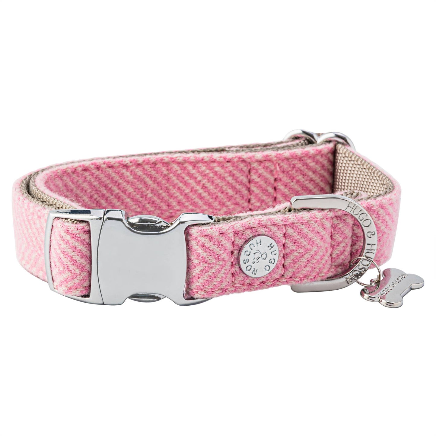 Hugo and Hudson Pink Herringbone Tweed Metal Buckle Dog Collar