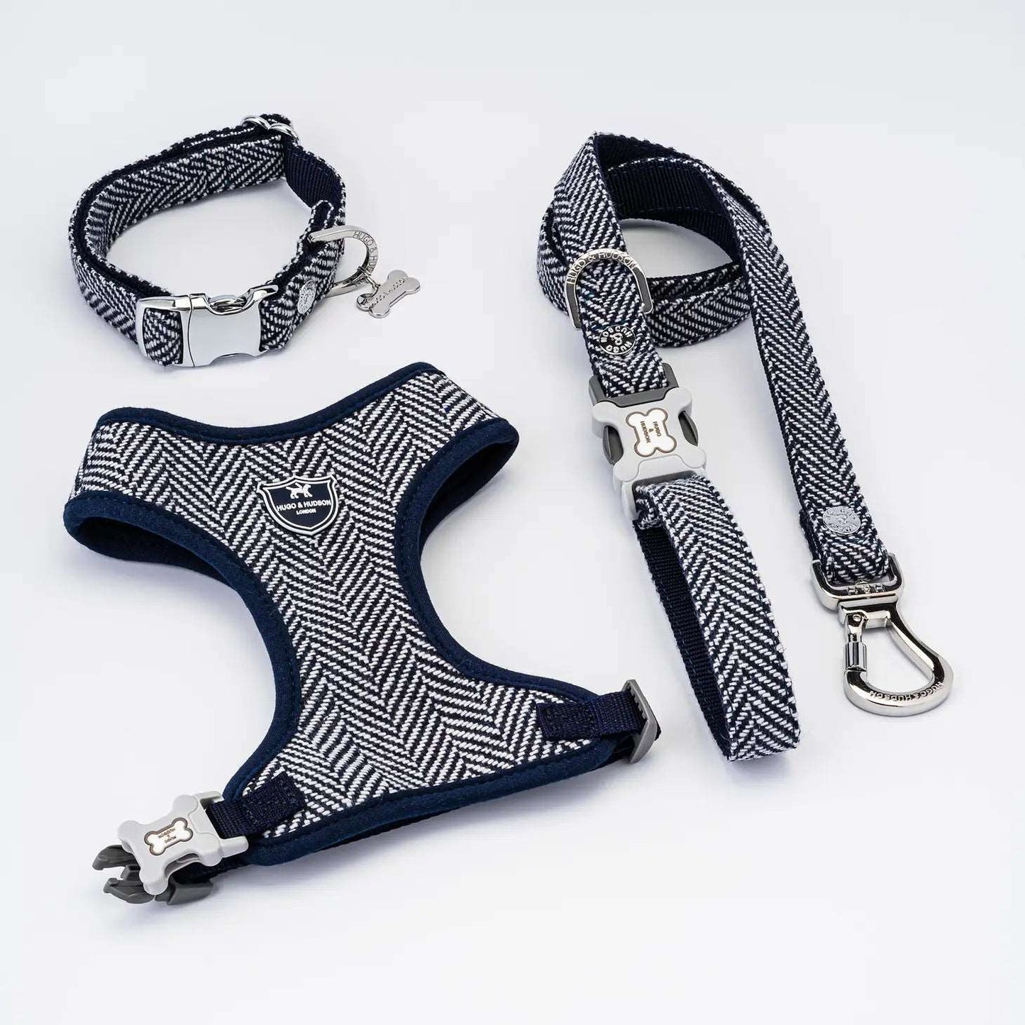 Navy Herringbone Tweed Dog Harness