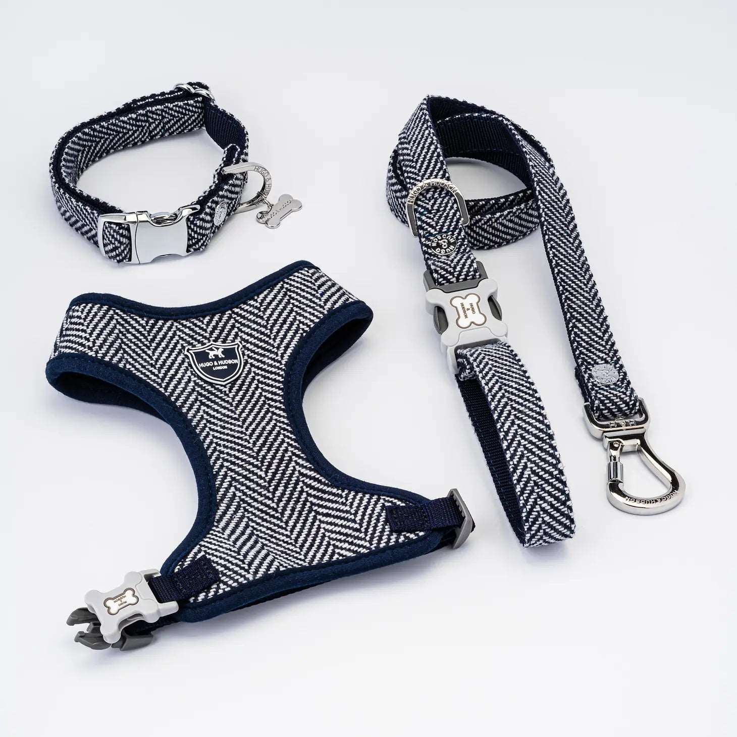Navy Herringbone Tweed Dog Harness